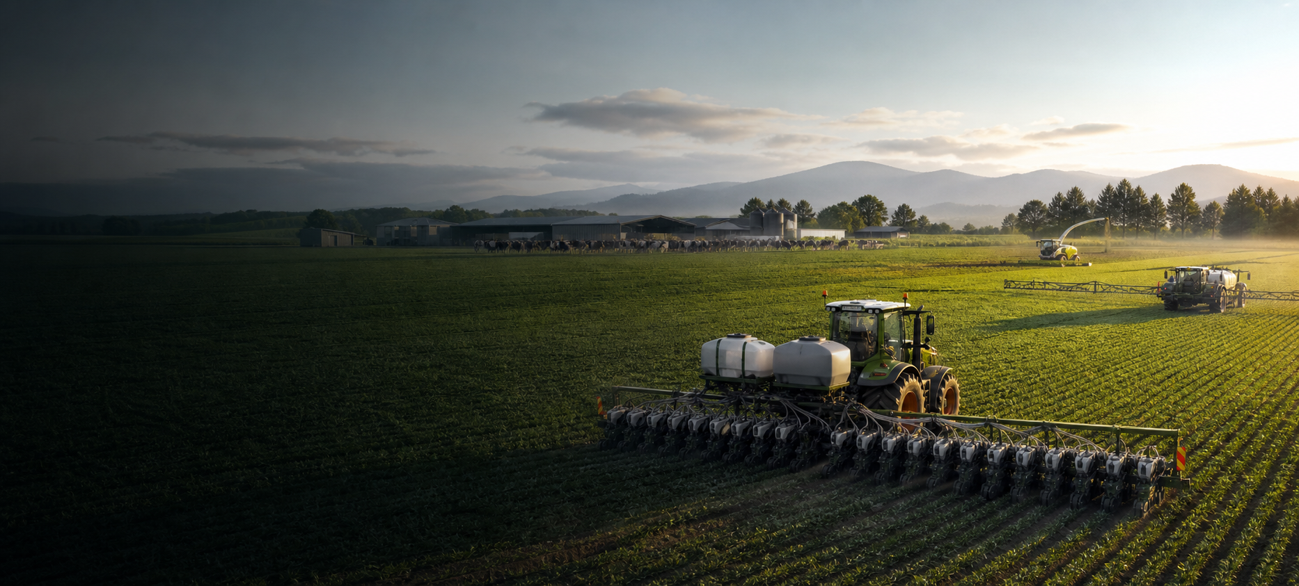 Modern tractor planting crops across a connected dairy and cropping operation