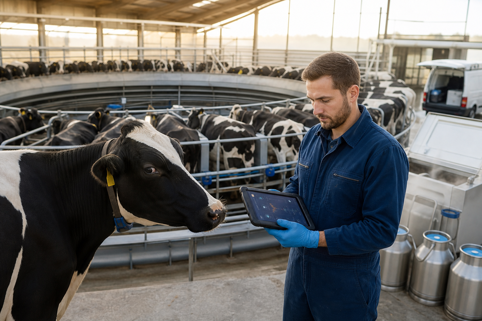 Dairy field technician using a tablet beside dairy cattle