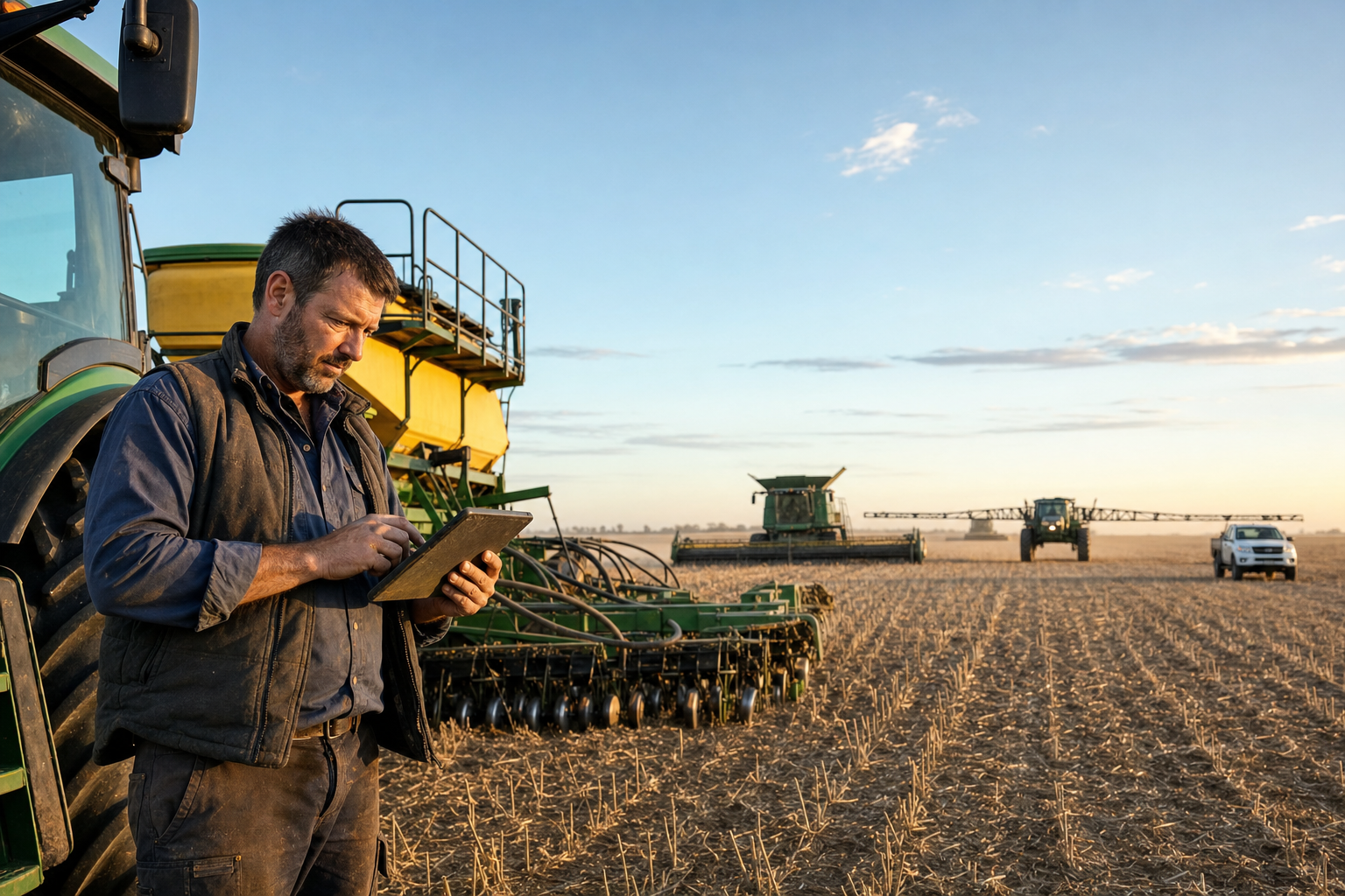 Agricultural contractor coordinating harvesting and planting machinery with a tablet